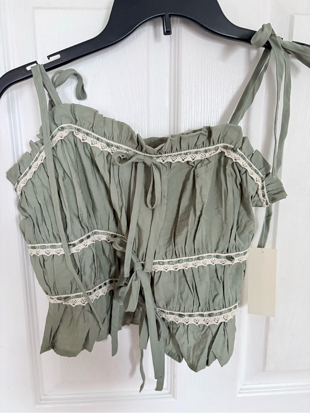 Women's Sage Green Tie-Front Cropped Top with Lace Trim